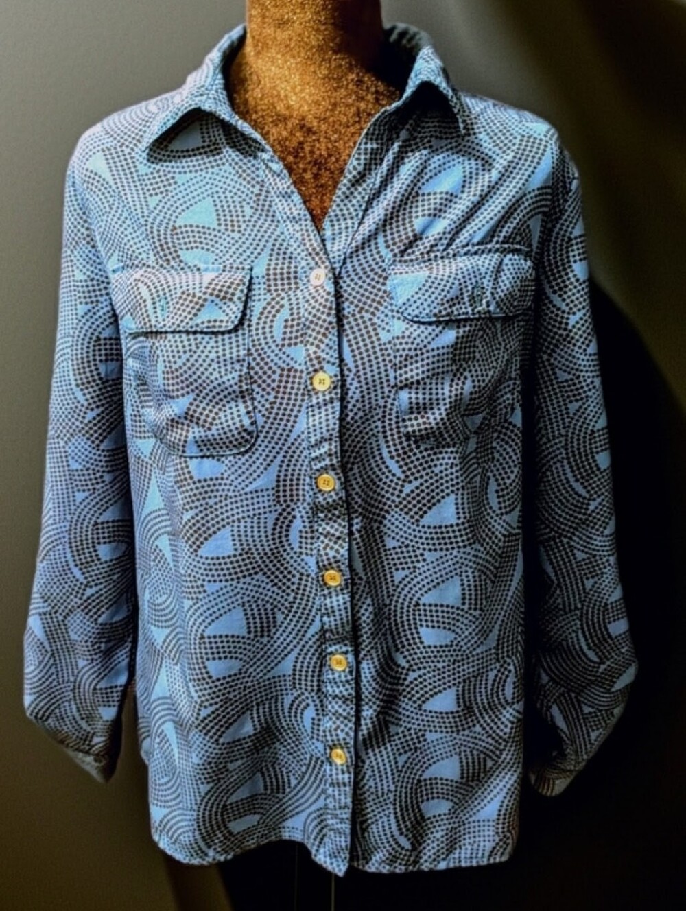Notations Blue Patterned Long-Sleeve Womans Button-Up Shirt Sz S